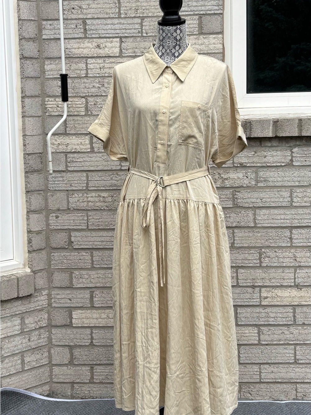 Belted Midi Shirt Dress in Beige - Picture 2 of 9